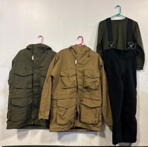Military Cold Weather Parka Set: 2 Jackets (Green/Tan), Fleece Bib Overalls, Shirt, Large Pockets