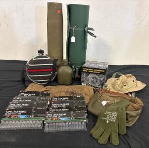Military Surplus Lot &ndash; 2 Canteens, 3QT Bladder, 2 Mats, Siren, 72 Glass Vials, Gloves, Hat