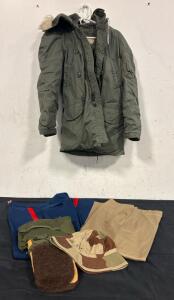 US Military Surplus Parka, Chocolate Chip Camo Hat, Dress & Khaki Pants, Field Gear Lot