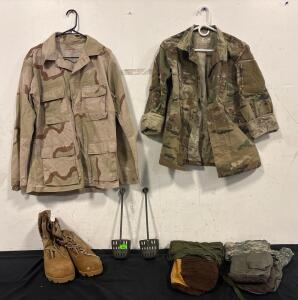 U.S. Army Surplus Lot: BDU & ACU Jackets, Tan Combat Boots, Arctic Mittens, Boot Inserts