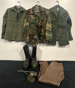 US Army BDU Shirt, Dutch Army KL 1981 Jacket, Boots, OG-107 Shirt, Thermal Pants, Gear Lot