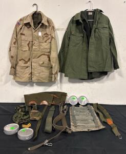 US Army OG-107 Field Jacket, DBDU Desert Camo Jacket, Gear Lot w/ Pouches, Belts & Canteens