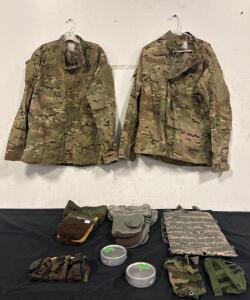 Military Surplus Lot: 2 OCP Jackets, MOLLE Panel, Mittens, Pouches, Field Gear Assortment