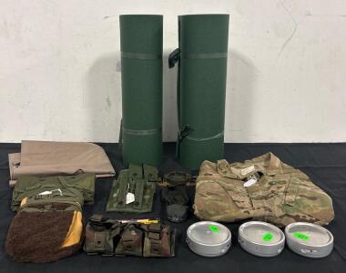 U.S. Military Field Gear Lot with Multicam Jacket, 2 Foam Mats, Mess Kits, MOLLE Pouches, SWB
