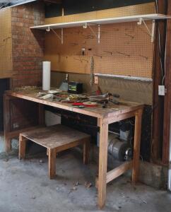 (OFFSITE) (1) Shop Work/ Tool Bench, (2) Assorted Sized Peg Boards, (1) Wooden Storage Shelf, & All Contents Ontop of Table