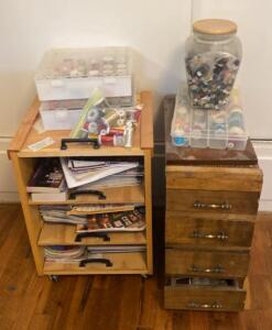 (OFFSITE) (2) Storage Units with Contents - Sewing Items- Thread- Buttons- Quilting Books and Much More