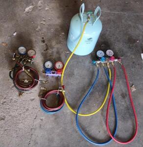(OFFSITE) Murray R-134a Refrigerant Tank, 3 Manifold Gauge Sets, Hoses, HVAC/Auto AC Service Kit