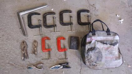 ( OFFSITE) Large Mixed Tool Lot: Husky Pliers, 6 C-Clamps, 3 Shelf Brackets, Tire Chains, Sander Block