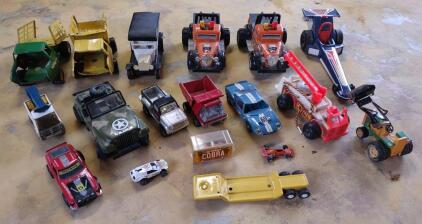 (OFFSITE) Vintage Tonka & Tomy Toy Vehicle Lot &ndash; Dump Trucks, Army Jeep, Milk Van, Race Cars, c. 1970s-80s
