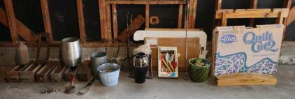 (OFFSITE) Lot of Vintage Sewing Machine Table Drawers & Sewing Machine Parts, Put Together Foldable Sewing Table, (1) Quilt Cut 2 Cutting Board, & Much More