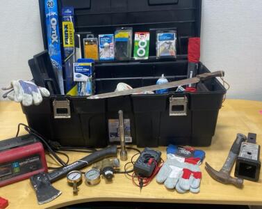Contico 31.5x18.25x13.25 Tool Box / New Work Gloves L / Husky Axe / Gauges and so Much More