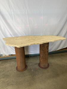 Travertine Stone Console Table with Rusted Steel Base, Modern Design