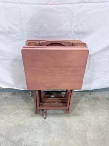 Reddish Brown Wooden Folding TV Tray Tables Set, 4 Tables + Stand
