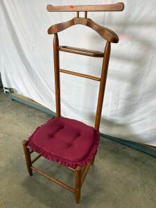 Wooden Valet Chair with Integrated Hanger and Burgundy Cushion