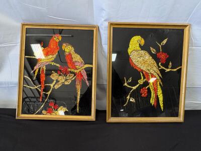 Framed Stained Glass Artwork Featuring Parrots, 16x20 Inches, Vibrant Colors