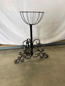Black Metal Plant Stand with Scroll Base and Wire Basket Top