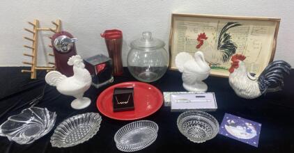 Chicken Tea Pot / White Glass Turkey and Chicken / Working West Bend Can Opener / Nice Bracelet and New Designer Pen and More