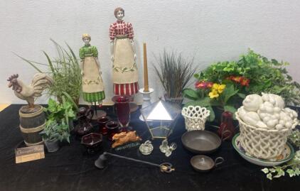 Pioneer Ladies 17&21&rdquo; Tall / Christopher Blake Collection Rooster in Barrel / Red Glassware/ and More