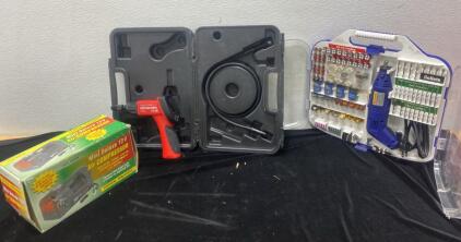 Cen-Tech Inspection Camera ( Needs Batteries- Unable to Test ) / Alltrade Rotary Set 206 Pieces ( Works ) Mini Air Compressor