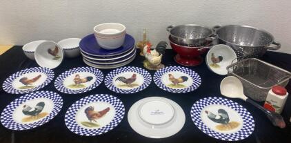 William-Sonoma Chicken Plates and Bowls / Blue and White Gibson Plates and (3) Strainers