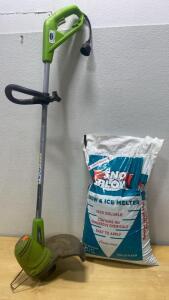 Working Greenworks Electric Weedeater / Unopened 50lb Bag of Snow and Ice Melter