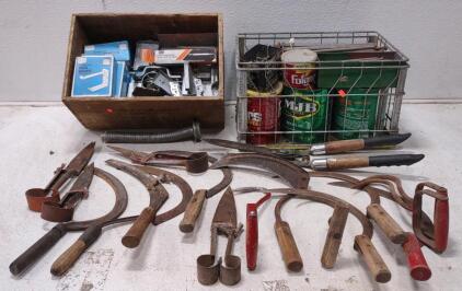 Large Crate Of Nails (Various Sizes.) Large Crate Of Brackets (Various Sizes.) Vintage Gardening Tools.
