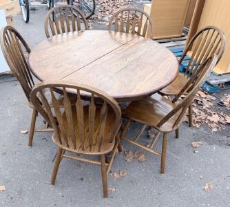 Round Wooden Dining Table Set, 6 Windsor Chairs, Pedestal Base