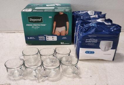 (15) Glass Mugs. Lot of (92 Total) Depend Underwear. Lot of (48 Total) Amazon Basics Underwear.