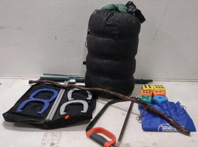Set Of Horseshoes. Cabela's Heavy Duty Sleeping Bag (Smells/Looks Clean.) Large Bow Saw. Giant Dice. +More.
