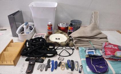 (11) Lot Of Pocket Knives. Collapsible Garden Hose. (6) Kitchen Towels. (2) Decorative Plates. +More.