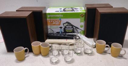 Greenworks 1700 PSI Portable Electric Pressure Washer Looks New In Box.) (4) Surge Protectors. Panasonic SB-404 Speakers (Made In Japan, Unable To Test.) Box Of Kitchen Glassware (18 Various Glasses.)