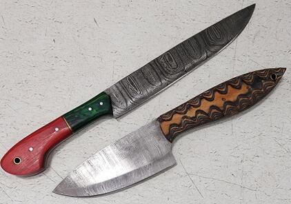 (1) Fixed Blade Damascus Steel Chefs Knife With Wood Handle And Sheath (1) Fixed Blade Damascus Steel Utility Knife With Wood Handle And Sheath