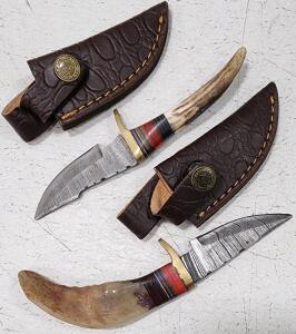 (2) Fixed Blade Damascus Steel Hunting Knives With Antler And Resin Handles And Sheath