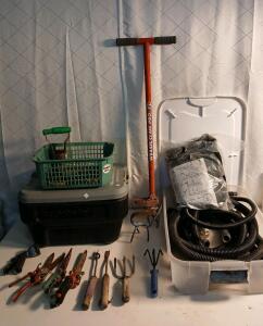 (1) Garden Weasel 3' Weasel Claw Pro (10) Assorted Gardening Tools (1) Rubbermaid Action Packer Storage Container & More