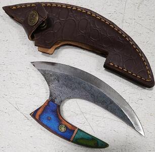 (1) Fixed Blade Cold Steel Ulu Knife With Wood Handle And Sheath