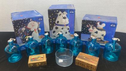 (3) Cookie Jars - Cat-Dog-Cow / Blue Candle Jars (7)