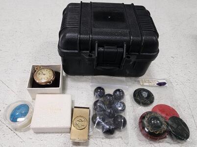 (1) Plastic Small Tool box Waterproof Storage Box (1) Assorted Vintage Collectible Buttons (1) Vintage Gold-Filled Pocket Watch And More