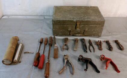 (1) Vintage Metal Toolbox & Assorted Antique Hand Tools