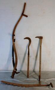 (4) Vintage Hand Tools, (1) Hay Knife, (1) Large Scythe, (1) Sickle & (1) Pickaroon Hookaroon Logging Tool