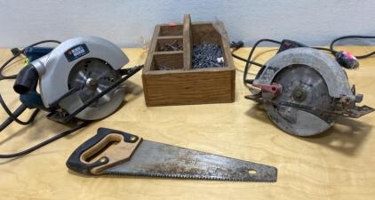 (2) 71/4 Saws ( Black&Decker/ Skilsaw ) - Toolbox of Nails and Saw - All Work