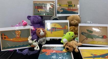 Plush and (7) Retro Airplane Prints 14x11