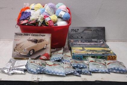(15) Assorted Patriot Pantry Ready To Cook Meals. Metal Wall Art. Big Tote Of Yarn. (2) Model Airplanes. +More.