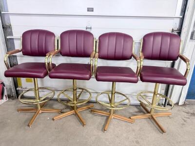 Burgundy Swivel Bar Stools, Brass Frame, Set of 4, Footrest Included