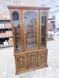 Vintage Wood China Cabinet with Glass Doors, 3 Shelves