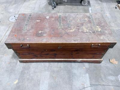Antique Wooden Storage Chest, Metal Accents, Hinged Lid, 45x20x24 inches