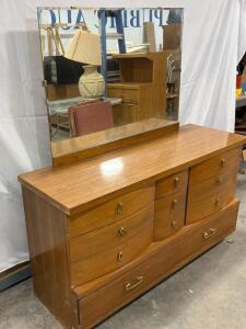 Mid-Century Dresser with Mirror, 8 Drawers, Wood, Brass Handles