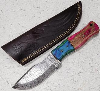 (1) Fixed Blade Damascus Steel Utility Knife With Wood Handle And Sheath