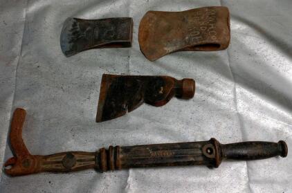 (1) Vintage Crescent No.56 Suregrip Cast Iron Slide Handle Nail Puller, (1) Carpenters 1/2 Hatchet Head & (2) Single Bit Axe Heads