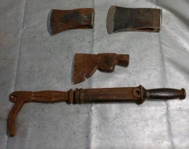 (1) Vintage Bridgeport No.56 Suregrip Cast Iron Slide Handle Nail Puller, (1) Carpenters 1/2 Hatchet Head & (2) Single Bit Axe Heads