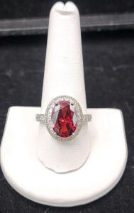(1) Size 10 Faceted Oval Cut Red Ruby .925 Ring